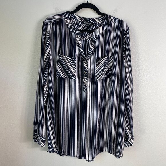 Roz & Ali Womens Plus 2X Striped Roll Tab Sleeve Blouse Pockets Top Shirt - Picture 5 of 9